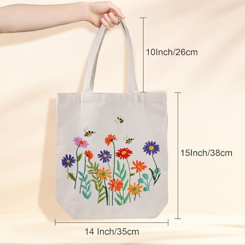 Louise Maelys Bee and Flowers Embroidery Kit for Beginners Canvas Tote Bag - color: daisy flower