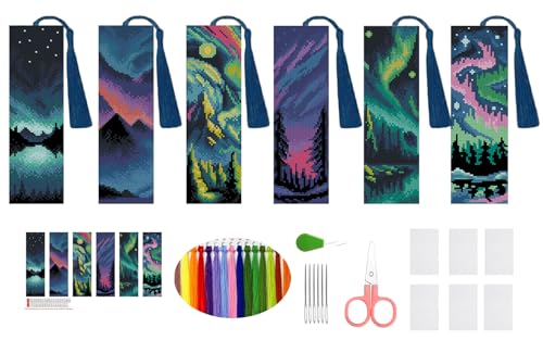 6PCS Cross Stitch Bookmark Kit for Adult Beginners Landscape Cross Stitch Kits with Backing Felt Floss Instruction DIY Stamped Embroidery Bookmark Kit for Starter Adults Book Lovers (2.3x7.8 inch) - color: SQY001