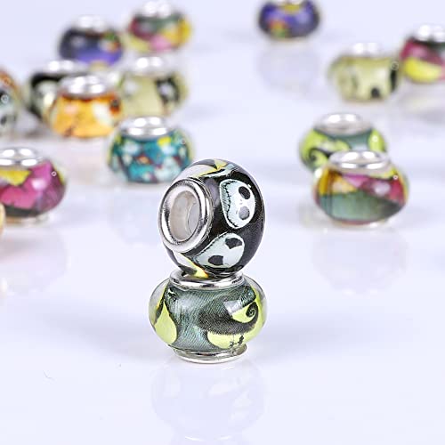 100 Pieces 14mm European Large Hole Spacer Beads Mix Color with Silver Brass Cores Assortments Charm Lampwork Beads Supplies for Necklace Bracelets Jewelry Making (Halloween Pattern) - color: Halloween pattern