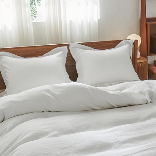 Simple&Opulence 100% French Linen Pillowcases with Embroidery – Pack of 2, Washed Solid Color Natural Flax, Soft & Breathable - White, 20'' x 26'' - color: White, size: Queen