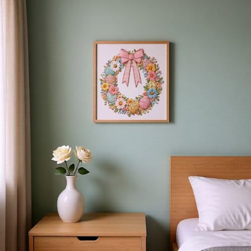 JJFox Embroidery Kit for Beginners and Adults, DIY Hand Embroidery Starter Kit with Cute Pattern, Cross Stitch Needlepoint Set with Hoop, Threads and Instructions (Easter Wreath) - color: Easter wreath