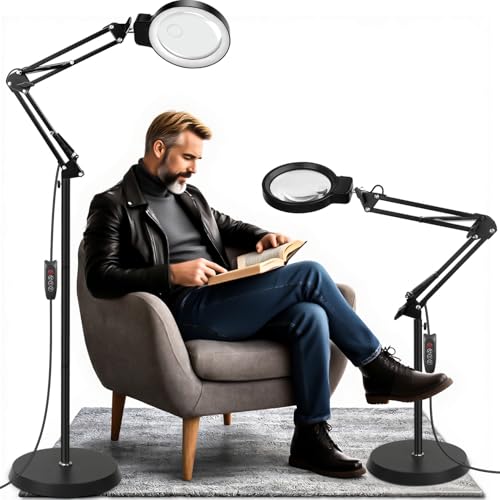 10X/30X Magnifying Glass with Light and Stand, 2-in-1 Magnifying Floor Lamp with 72 Adjustable Brightness LED Lamp Bulbs, Flexible Standing Magnifying Lamp - color: Black - Foldable Arm