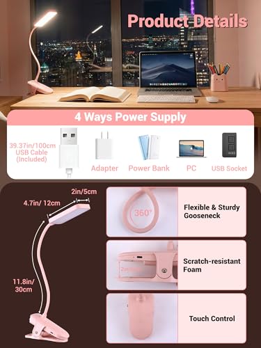Pink Desk Lamp Cute Clip on Lamp,45 Modes Dimmable+450 Lumen Clip on Light - color: Pink
