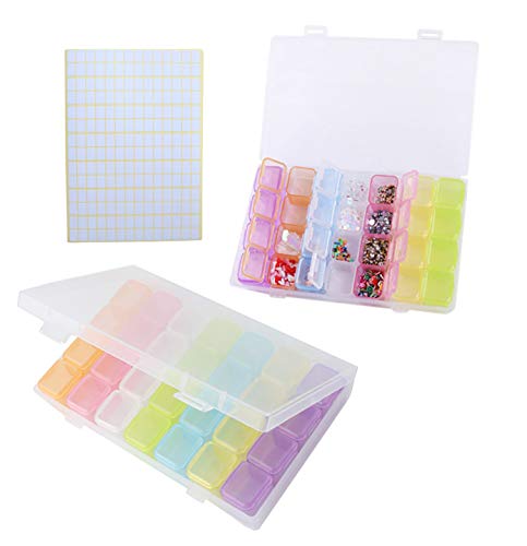 2 Pack 28 Grids Colorful 5D Diamond Painting Embroidery Box, Accessories Storage Containers Adjustable Bead Case with 196 Pcs Label Stickers (28 Grids-2pack Colorful) - color: 28 Grids-2pack Colorful