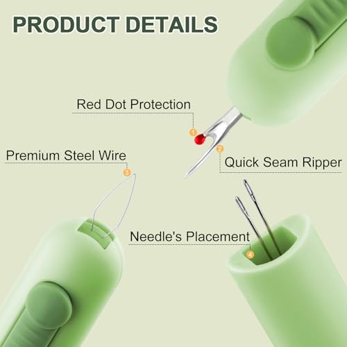 Automatic Needle Threaders Seam Ripper, Upgraded 3 in 1 Sewing Needle Threader Tool, 2Pcs Stretchable Quick Seam Rippers with Needle Storage for Hand Quilling, Embroidery Stitch Removal(Green) - color: Green