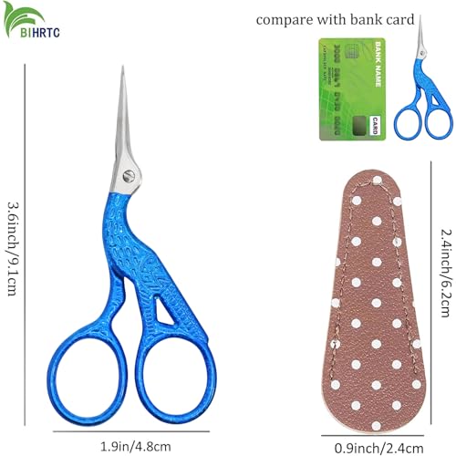 BIHRTC 3.6" Vintage Stork Scissors,Antique Metal with Leather Cover - color: Bright Blue, size: 3.6inch