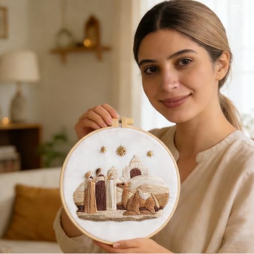 Myfelicity Embroidery kit,Adults Set,Nativity Scene Embroidery Hoop Art Set, Religious Christmas Theme, 3-Piece Collection with Angels and Manger Scene in White Embroidery Cloth - color: 60040-60041-60042