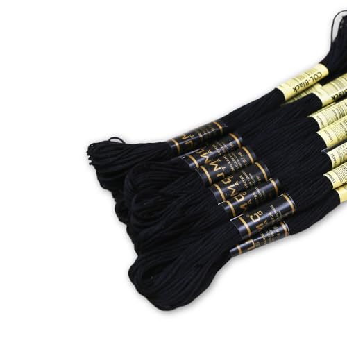 Pack of 12 Black Premium Embroidery Thread | 100% Egyptian Cotton Premium Skeins | Cross Stitch Embroidery Floss | Oeko TEX Certified Stranded Cotton | Ideal for Arts & Crafts (Black-12) - color: Black-12