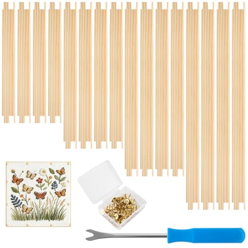 16 PCS Stretcher Bars for Needlework, 4 Sizes Wooden Splicing Canvas Needlepoint Embroidery Stitch Frame Set with 50 Thumb Tacks & Tack Remover for Cross Stitch Hand Embroidery Art Craft Supplies