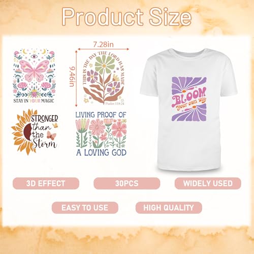 Dtf Transfers Ready to Press - 30 Sheets Boho Floral Iron on Transfers for T Shirts Stickers, Inspirational Bible Heat Transfer Vinyl Crafts, Flowers Iron on Decals for Clothes Bags DIY Designs