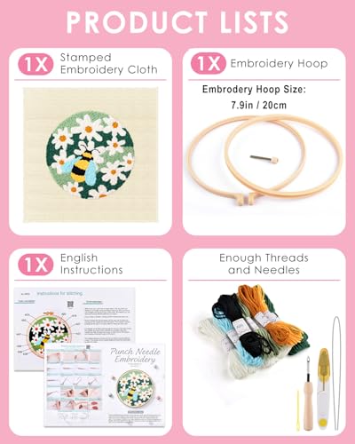 TINDTOP Punch Needle Kits, DIY Punch Embroidery Kits for Adults Beginner, Tool with Punch Needle Fabric, Hoops, Yarns and Sewing Needles (Set D) - color: Set D