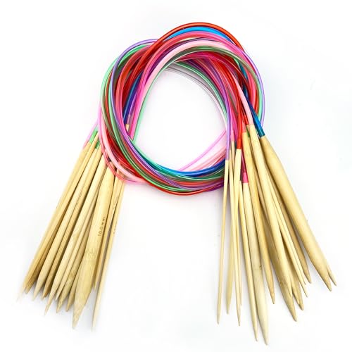Mdoker 18 Pairs Bamboo Knitting Needles Set Circular Wooden Knitting Needles with Colorful Plastic Cable Size 2mm-10mm,Knitting Needle for DIY Craft(80cm/32inch) - size: 32inch