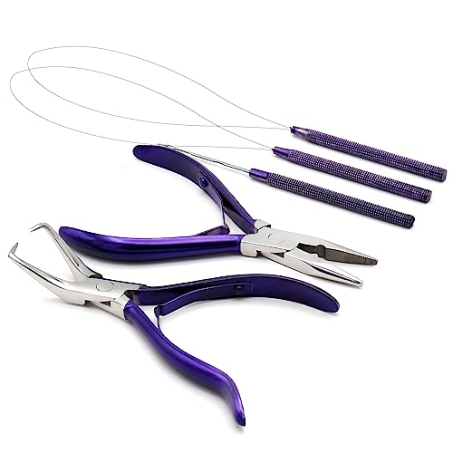 Professional Hair Extension & Beading Tool Kit Remove Plier Set for beads (4 Piece) I-Link Micro Ring Loop Needle Pulling Hook Threader Wire for Silicone Rings (Purple) - color: Purple