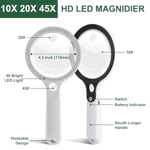10X 20X 45X Magnifying Glass with 48 LED Light - color: White Handle