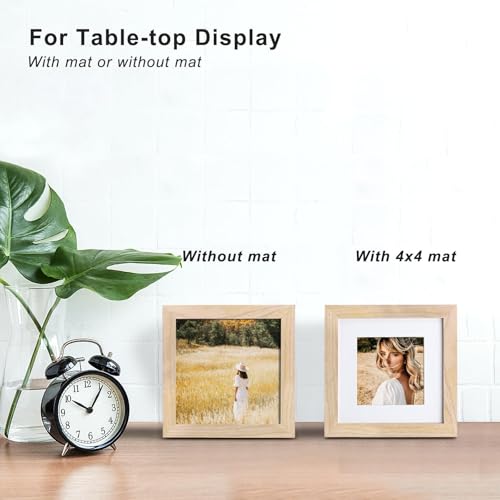 KINLINK 6x6 Picture Frame, Natural Square Solid Wood Frame for Pictures 4x4 with Mat or 6x6 without Mat, Wall and Tabletop Display Photo Frame Natural Wood Photo Frame 1 Pack - color: Natural, size: 6x6