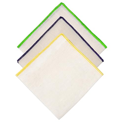 Natural Linen Pocket Squares, Embroidered Contrast Border 3 pcs, Off white - color: A5 (3-pack)