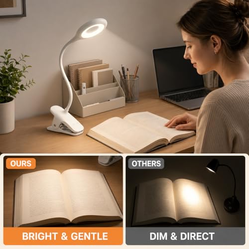 LACOKI Clip on Rechargeable Reading Light for Bed, 3 Color x 3 Brightness 28 LEDs Desk Light, Eye-Caring Desk Lamp with Clamp for Headboard, Table, Desk