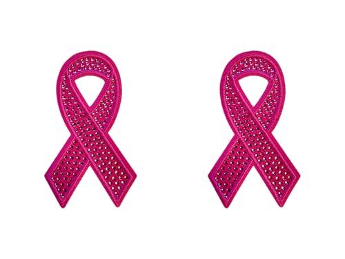 Pink Gemstone Breast Cancer Ribbon Patch, 1.75" x 3”, 2-Pack, Embroidered Iron-On for Hats, Bags, Jackets - color: Breast Cancer Ribbon - Pink Gemstone