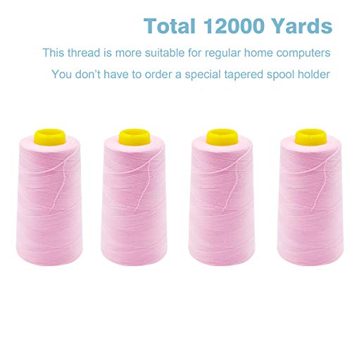 Pink Serger Thread, All-Purpose Thread for Sewing, Polyester, 4 Cones of 3000 Yards Each Spool for Sewing Machine - color: Pink