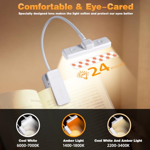 VAVOFO 24 LEDs Rotatable Book Light, Rechargeable Clip Reading Lamp, White - color: White