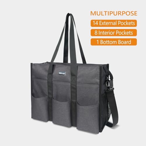 TOPDesign Utility Water Resistant Tote Bag with 22 Pockets, Zipper Closure - color: Grey, size: Medium
