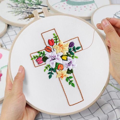 Louise Maelys Cross Floral Embroidery Kit for Beginners Canvas Tote Bag - color: cross lily