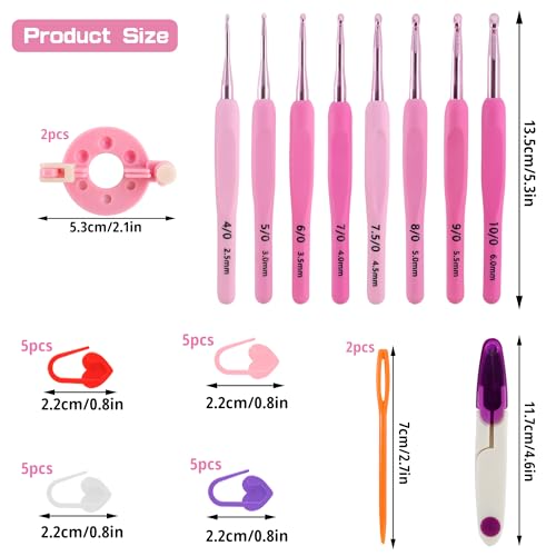 AEXHOT 34PCS Crochet Hooks Set, 8 sizes 2.5-6 mm High-Quality Pink Gradient Aluminum Ergonomic Soft Handle Crochet with Case and Crochet Kit for Beginners Adults for Arthritic Hands Crochet Needle Set