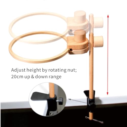 Wooden Adjustable Rotatable Embroidery Hoop Stand, No‑Assembly Holder with Inner Groove Anti‑Slip Design, Bonus Tools: Floral Patterns, Hoops, Scissors, Threader & Floss