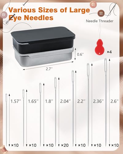 FIVEIZERO 80 PCS Large Eye Sewing Needles, Two 7 Sizes Sewing Sharp Needles, Leather Needle Embroidery Thread Needle, Stainless Steel Yarn Knitting Needles with Threaders for Handsewing Art Crafts - color: Silver 80PCS