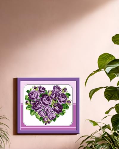 CaptainCrafts Cross Stitch Kits for Adults Stamped 11CT Flower Pattern - color: Rose Heart Purple, style: Stamped