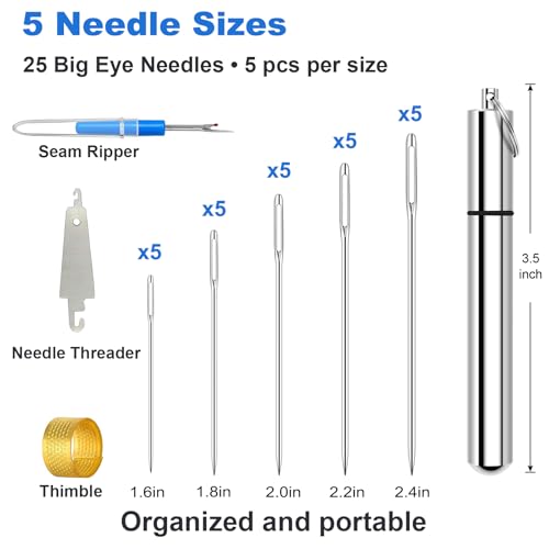 Sewing Needles, Embroidery Needles with Large Eye, 25 Pcs Hand Sewing Needle Set, Nickel-Plated High Carbon Steel with Aluminum Tube for Mending, Cross Stitch, Quilting & Crafts