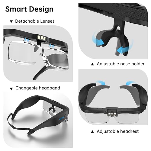 Magnifying Glasses with Light,0.75X-4.0X Magnifying Headset | Detachable 5 Lenses,3 LED Lights,Rechargeable Magnify Glasses, Hands Free Headband Magnifier for Close Work Hobby Crafts for Jewelry - color: Black