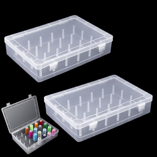 2-Pack Clear Thread Holder Organizer Boxes, Stackable Sewing Storage with 24 Plastic Pins Each for Embroidery Quilting and Crafting Thread Spools, Keeps Supplies Neat and Dust-Free