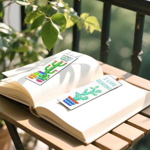 FREEBLOSS 6 Set Cross Stitch Bookmark Kits Cactus Potted Plant Pattern Stamped Cross Stitch Kit 11CT Embroidery Kit with Instructions for Beginners 20x6cm/8x2.4inch - style: Cactus Text