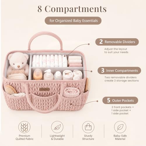 Konssy Baby Diaper Caddy Organizer, Braided Quilted Design with PU Handles - color: Blush