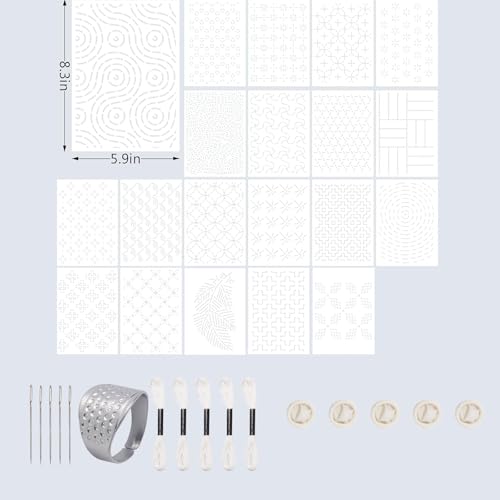 21 Pcs Plastic Sashiko Stencils Kit 8.3 x 5.9 Inch Geometric Sashiko Pattern Stabilizers and Needles Thread Tool Kit for Sewing Hand Quilting and Embroidery - size: 8.3 x 5.9 (21PCS)