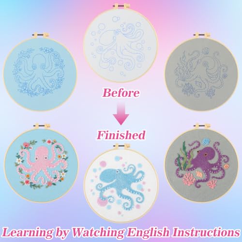 Mindsoft 3 Set Needlepoint Kit for Beginners with Hoop,Octopus - style: Octopus
