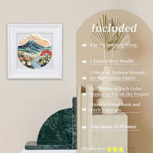 FONNUY Embroidery Kit for Beginners, Flower Hill Nature Landscape Pre-Stamped Pattern Kits for Adults with Hoop, Easy to Follow Color Thread Needlework, 8'' Hoop (Blue) - color: Blue