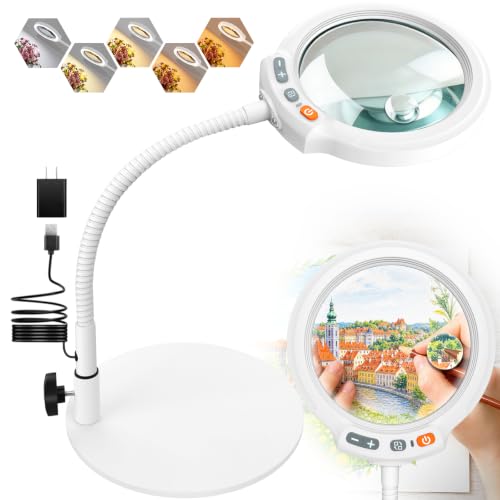 30X 10X Large Magnifying Glass with Light and Stand, 5-Inch Optical Grade HD Lens, 5 Color Modes Stepless Dimmable LED Desk Lamp, Hands Free Gooseneck Lighted Magnifier for Painting Close Work White - color: White
