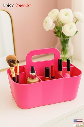 3 Pack Small 6 Compartment Multiuse Caddy Organizer with Handle Art Craft Supplies, Office, Desk, Stationery Pen Holder Stackable- Made In USA (Hot Pink) - color: Hot Pink