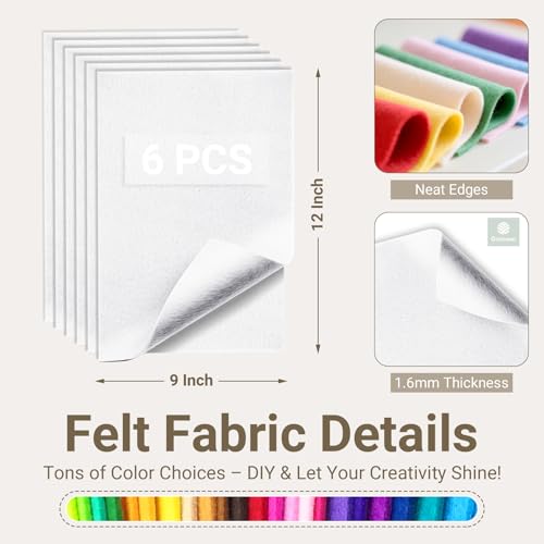White Soft Felt Sheets for Crafts, 9" x 12", 1.6mm Thick, 6 Pcs - color: White