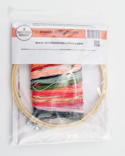 DUTCH STITCH BROTHERS Wildflower Embroidery Starter Kit with Pattern and Instructions. Stamped Embroidery Kits with Embroidery Clothes with Pattern. 6" Embroidery Hoop - color: DSB031 Stamped fabric