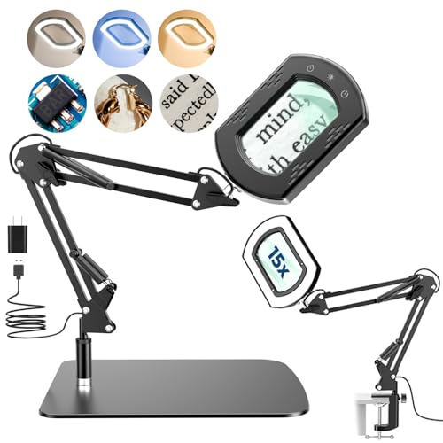 Magnifying Glass with Light and Stand, 15X Hands Free Lighted Magnifying Lamp with 5 Color Modes and Swing Arm, Dimmable LED Desk Magnifier for Crafts, Sewing, Reading, Jewelry, Soldering, Seniors