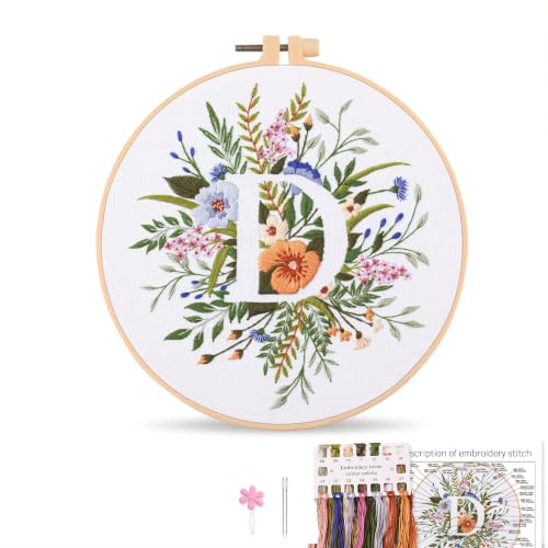 Harimau Letter D Pattern Embroidery Kit for Adult Beginners, Complete Starter Pack with 1 Hoop, Needles, Instruction Guide & Embroidery Stitch Video Tutorials - color: D