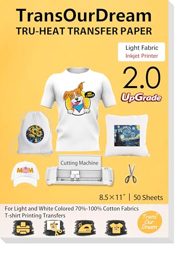 TransOurDream Heat Transfer Paper for Light Shirts(50 Sheets, 8.5x11),Printable HTV Heat Transfer Vinyl for Inkjet Printers - color: Light, size: 50 Sheets