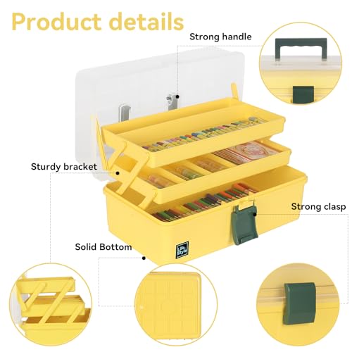 WEWLINE 13-Inch Art Box Sewing Storage Organizer 3-Layers Craft Storage Organizer with Handle Plastic Storage Boxes Organizers for Kids Student Artist,Yellow - color: YELLOW