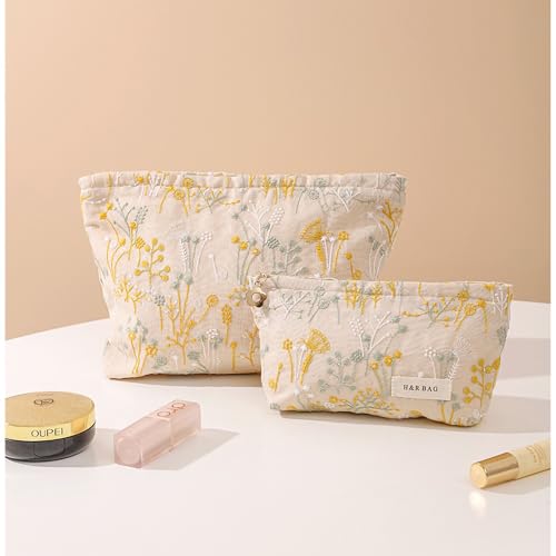 RANIT Chic Plant Embroidery Canvas Cosmetic Bag - Ramie Linen Handheld Travel Toiletry Organizer (Beige, Large) - color: Beige, size: Large