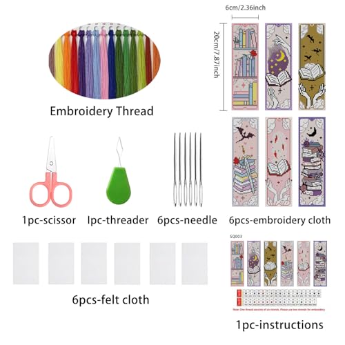 6PCS Cross Stitch Bookmark Kit for Adult Beginners Book Cross Stitch Kits with Backing Felt Floss Instruction DIY Stamped Embroidery Bookmark Kit for Starter Adults Book Lovers (2.3x7.8 inch) - color: SQY003