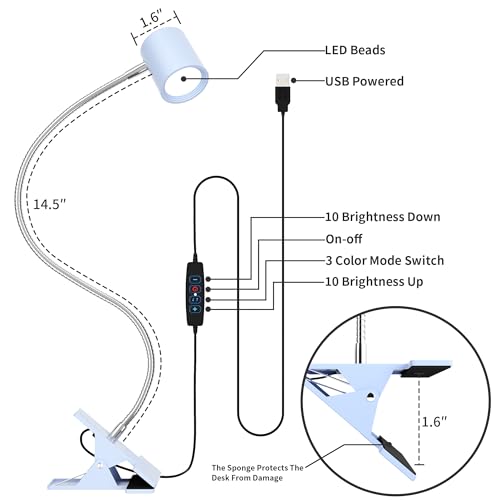 Dott Arts Desk Lamp,USB Clip On Light with 3 Color Modes,LED Reading Lamp - color: Blue