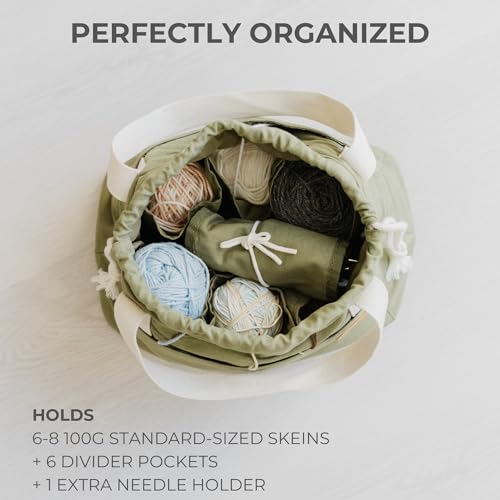 Stylish Crochet Bag Organizer for Yarn - Durable Canvas with 8 Pockets - color: Sage